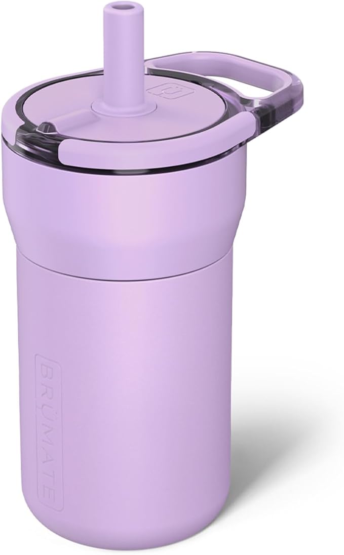 BrüMate Leap 12oz 100% Leakproof Kids Tumbler with Handle and Silicone Soft Straw | Durable Drop Resistant Silicone Sleeve | Made of Insulated Stainless Steel | Cup Holder Friendly | 12oz (Lavender)