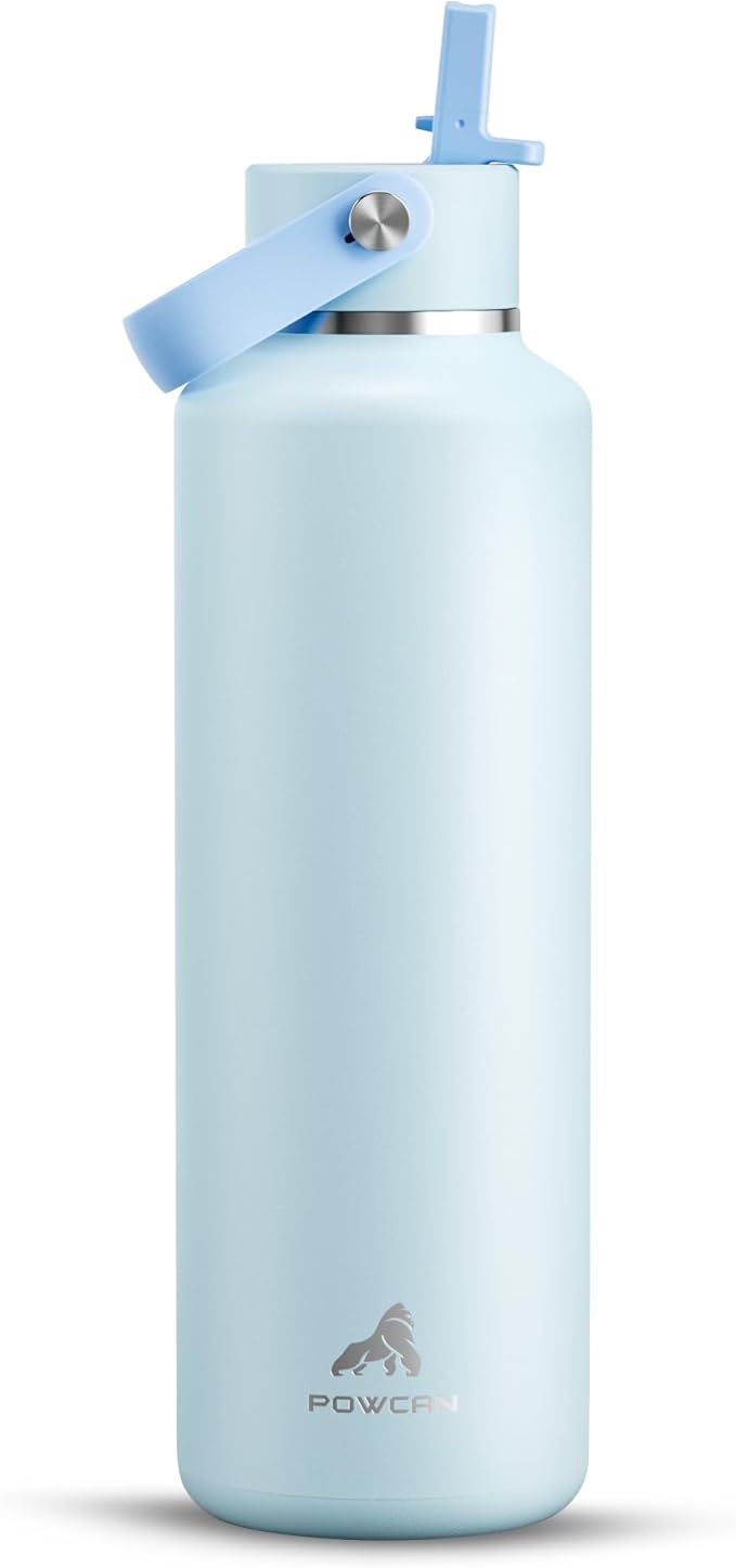 POWCAN 24 oz Insulated Travel Water Bottle for: Leakproof, BPA-Free, Top Handle, Stainless Steel Water Bottle with Straw for School, Outdoors, Camping, Sport, Hiking, Biking, Playground (Sea Breeze)