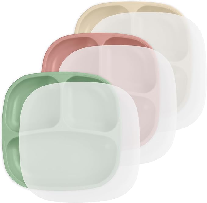 Re-Play Toddler Plates with Dividers - Deep-Walled 3 Compartments Divided Plates for Kids with 3 Lids - Dishwasher & Microwave Safe - Made in USA - Set of 3-7.37" x 7.37" x 1.25" - Desert Sands