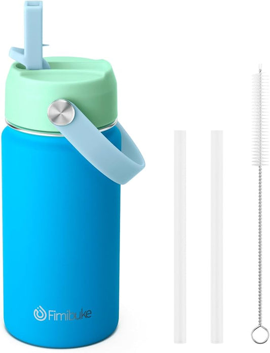 Fimibuke Kids Insulated Water Bottle, 14oz BPA FREE 18/8 Stainless Steel Travel Tumbler Double Wall Vacuum Leak Proof Kids Cup with Straw Metal Water Bottle for School Boys Girls(1 Pack, Pool)