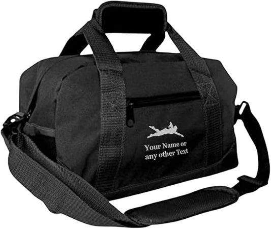 Personalized Passion 14” Small Sports Duffel Bags for Kids - Waterproof Travel Duffle with Name & Swimming Design - Black Two-Toned Kids Weekender Bag for Boys and Girls