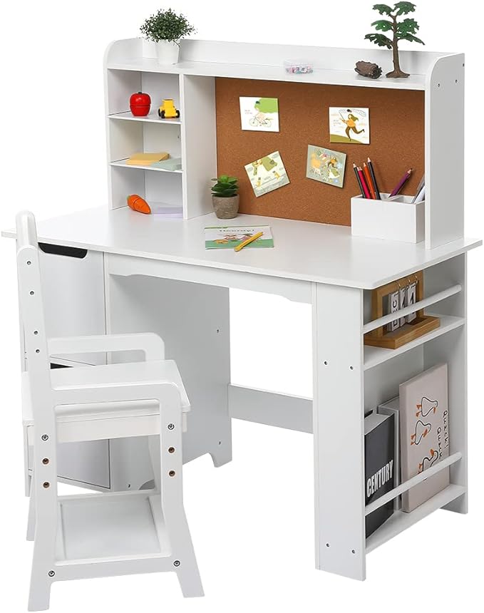 Garvee Kids Desk, Study Desk and Chair Set for Boys and Girl, Wooden Kids Writing Table with Bookshelf, Bulletin Board, and Cabinets for Ages 3-8