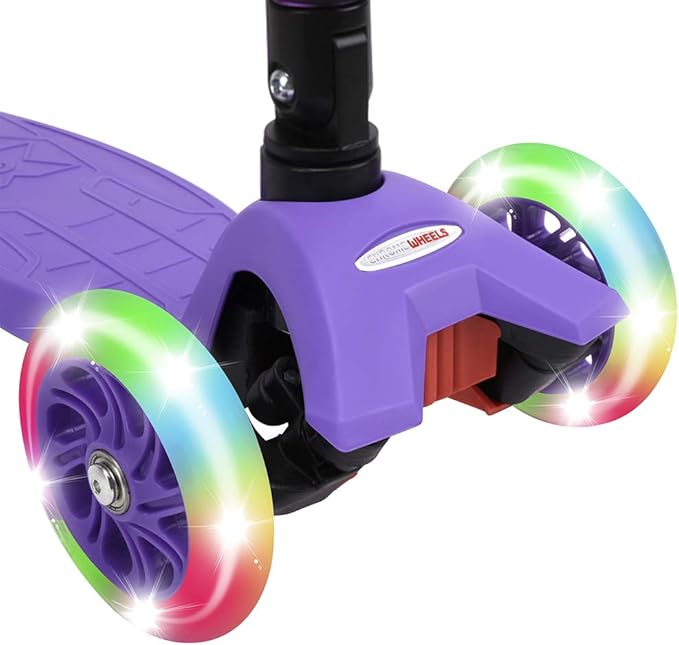 ChromeWheels Foldable Scooters for Kids, Deluxe Kick Scooter 4 Adjustable Height 132lbs Weight Limit 3 Wheel, Lean to Steer LED Light Up Wheels, Best Gifts for Girls Boys Age 3-12 Year Old