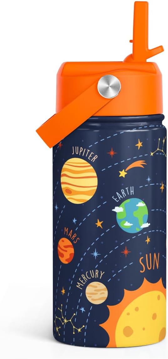 Solar System Kids Water Bottle With Straw Lid 12oz Insulated Stainless Steel, Travel Tumbler, Gifts For Boys, Birthday, Christmas, Back To School