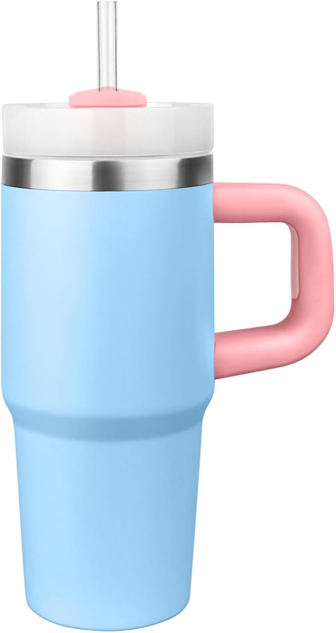 14 oz Tumbler with Handle and Straw, 14oz Toddler Tumbler with Lid and Straw for Kids Stainless Steel Tumblers, Outdoor Sports Travel School Gift, Keeps Drinks Cold up to 24 Hrs(BluePink)