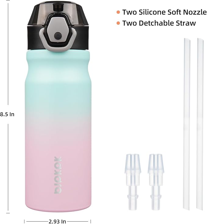 BJPKPK 18oz Insulated Water Bottle with Straw Stainless Steel Double Wall Water Bottles BPA Free Leak Proof Thermal Flask with Lockable Flip Lid and Soft Silicone Spout,Bubble Gum