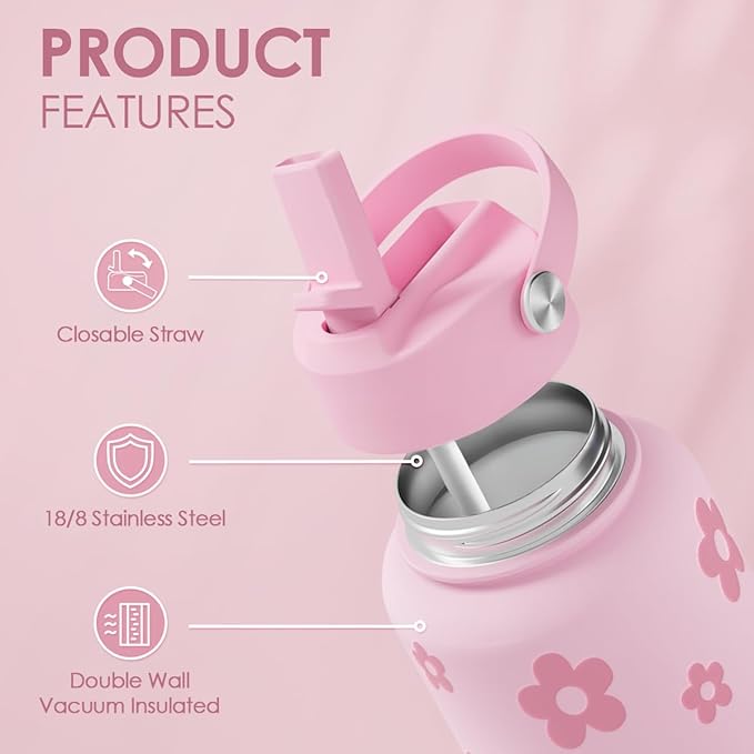 Floral Water Bottle Stainless Steel 32oz with Lid & Straw, Daisy Insulated Bottles Gifts for Women Girls Friends Teens Birthday Christmas
