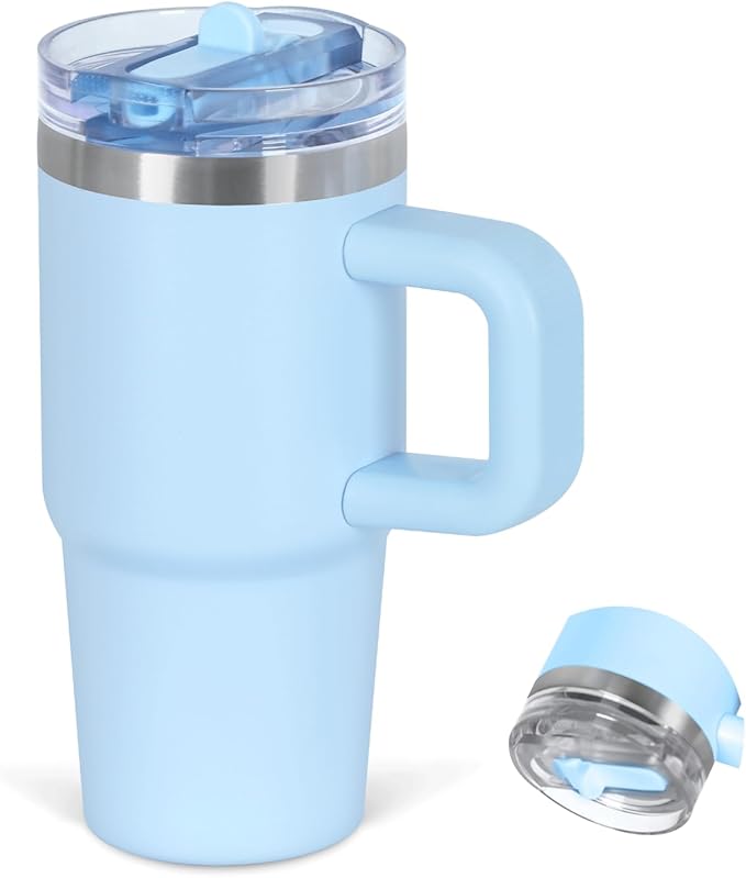 Cosictic 14 Oz Flip Straw Tumbler with Handle for Kids, Stainless Steel Double Wall Insulated Cup for Children with Flip Top Lid, 14 Oz Leak-proof Cups for Kids, Sky Blue