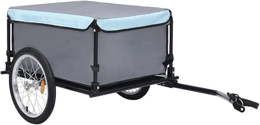 Bike Cargo Trailer with Rain Cover, Bicycle Cargo Trailer Foldable Two-Wheel Bike Luggage Wagon Bicycle Trailer with Removable Cover, Gray and Blue, Maximum Load Capacity: 143.3 lb