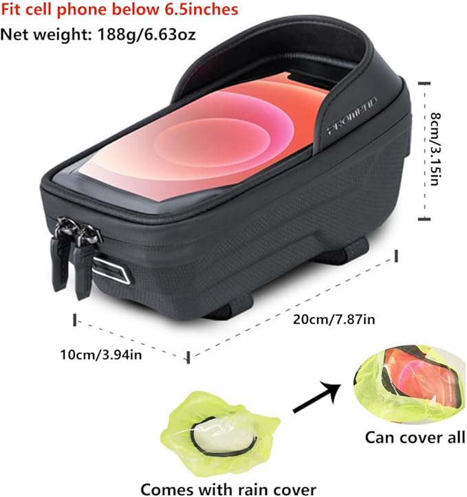 Waterproof Bike Frame Bag - MTB/Road Bike Top Tube Phone Holder for Phones Under 7", Universal Bicycle Phone Pouch with Rain Cover & Shockproof Design, Commuter Cycling Accessories