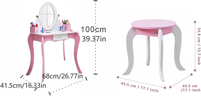 Wooden Vanity Set with 360° Swivel Mirror (Whiteboard & Mirror) & Stool, Kids Makeup Dresser Table with Anti-Tip Design, Storage Drawer for Ages 4-9 Girls, Ideal Gift for Birthday/Christmas