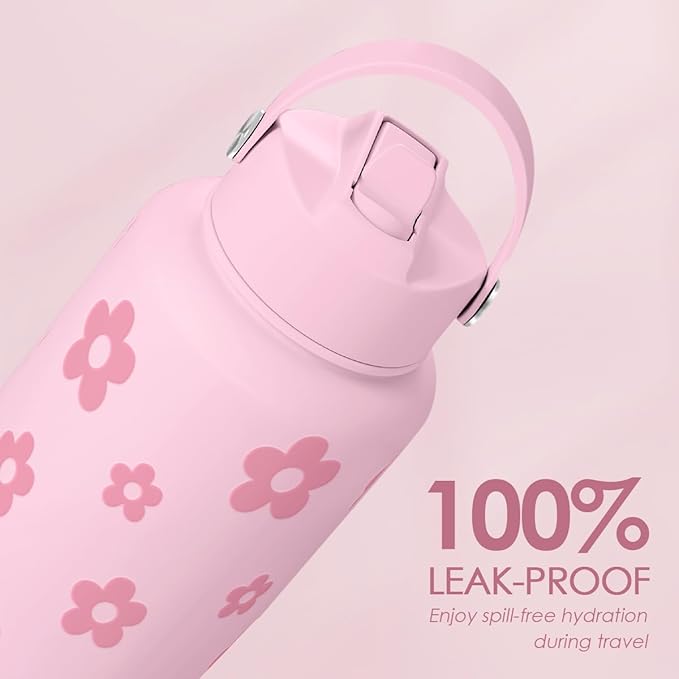Floral Water Bottle Stainless Steel 32oz with Lid & Straw, Daisy Insulated Bottles Gifts for Women Girls Friends Teens Birthday Christmas