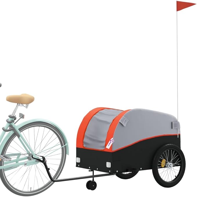 Bike Wagon Trailer, Bike Cart with Safety Flag, Bike Trailer Bicycle Cargo Trailer, Black and Orange 99.2 lb Iron, 26.8"x52.4"x26.8"