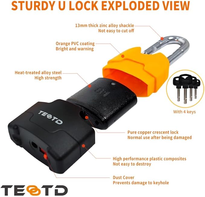 Heavy Duty Anti-Theft Motorcycle Chain Lock - 4ft/120cm Long, 10mm Thick Chain with Bright-Colored Lock, 4 Keys for Bicycle, Scooter (7.28lbs)