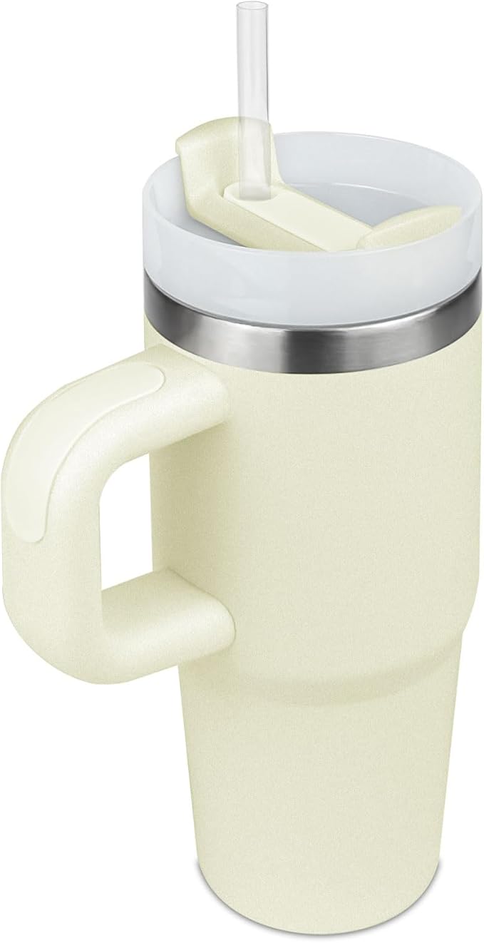 14 oz Tumbler with Lid and Straw Kids, Mini Tumbler for Kid with Handle Stainless Steel Tumblers, Outdoor Sports Travel School Gift, Keeps Drinks Cold up to 24 Hrs(Cream)