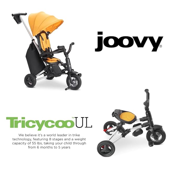 Joovy Tricycoo UL Kids Tricycle with 8 Stages Featuring 3 Rubber Tires, Removable and Adjustable Parent Handle, Safety Harness, 3-Position Recline Seat, and Retractable Canopy, Goldy