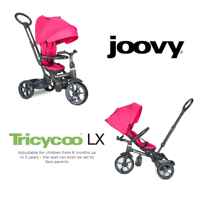 Joovy Tricycoo LX Premium Kids Tricycle with 8 Stages Featuring Chunky Front Tire, Removable and Adjustable Parent Handle, Safety Harness, Machine-Washable Seat Pad, and Retractable Canopy, Magenta