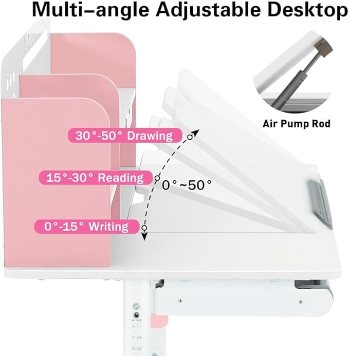 COSVALVE 39in Wide Adjustable Height Kids Desk with Tilting Desktop, Steel Frame, Drawer, and Bookshelf Hutch, Study Child Table for Ages 3-12, Pink