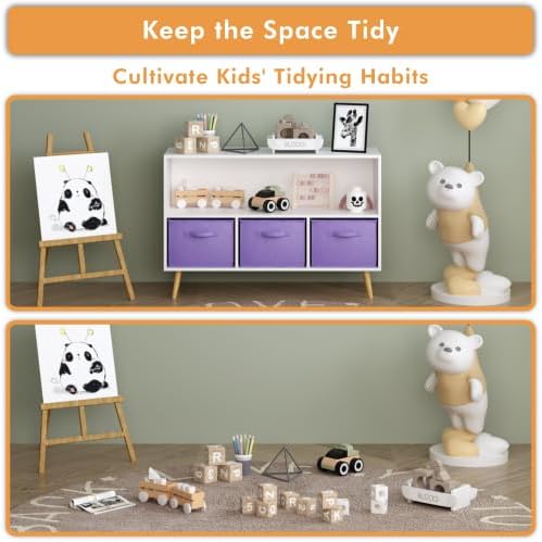 2-Tier Bookcase Bookshelf with Collapsible Fabric Drawers,Cute Book Display Storage Cabinet Organizer for Playroom Livingroom (White+Purple)
