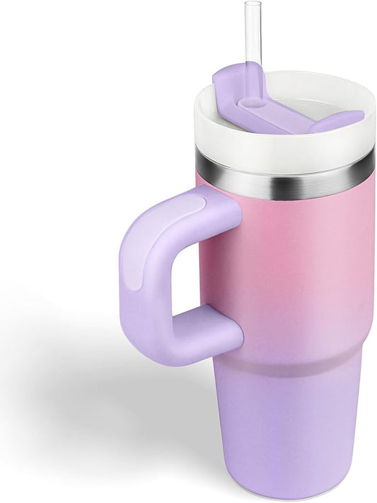 14 oz Tumbler with Handle and Straw, 14oz Toddler Tumbler with Lid and Straw for Kids Stainless Steel Tumblers, Outdoor Sports Travel School Gift, Keeps Drinks Cold (Gradient pinkpurple)