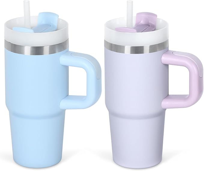 Cosictic 14 Oz Tumbler with Handle and Straw for Kids, Stainless Steel Double Wall Vacuum Insulated Cup for Children, 14 Oz Cups for Kids (Sky Blue, Purple)