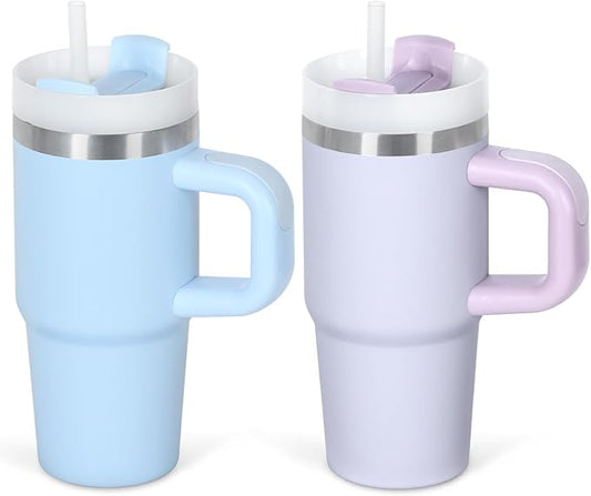 Cosictic 14 Oz Tumbler with Handle and Straw for Kids, Stainless Steel Double Wall Vacuum Insulated Cup for Children, 14 Oz Cups for Kids (Sky Blue, Purple)