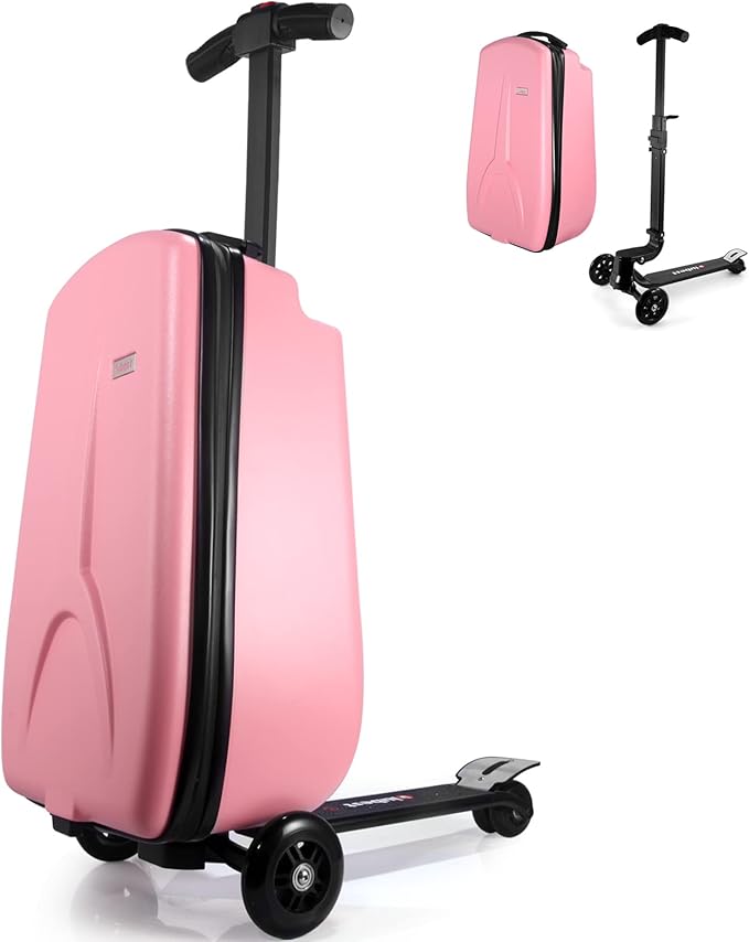 Scooter Luggage for Kids Scooter Suitcase for Ages 4-12, 4 in 1 Kids Luggage Boarding Suitcase Detachable & Foldable Scooter Travel Trolley Ride On Luggage-Pink