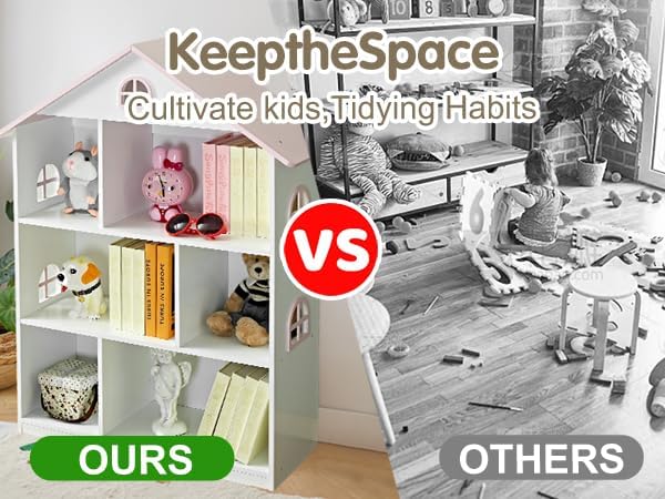 Wooden Dollhouse Bookshelf 4-Tier Kids Bookcase, Toy Storage Organizer & Playhouse with 6 Compartments for Girls Boys, Pink and White Room Furniture for Bedroom Playroom