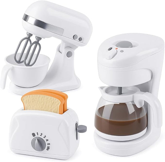 Kids Kitchen Appliance Playset – Mixer, Coffee Maker & Toaster – Pretend Cooking Toy Set, 3-Piece White Bundle