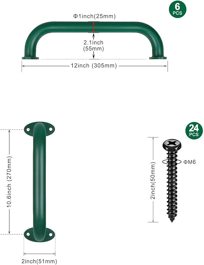 SELEWARE 6-Pack 12-Inch Green Metal Playground Safety Handles – Heavy-Duty, Non-Slip Grab Bars for Indoor/Outdoor Kids’ Playsets, Swing Sets, Playhouses, Treehouses, Jungle Gyms & Climbing Frames