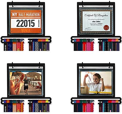 Jolitac Sports Medal Awards Display Rack Wall Mounted Marathon Medals Hanger Holder for 60+ Medals 100 Runner Race Bibs 20 Bibs Flip Vinyl Sleeves