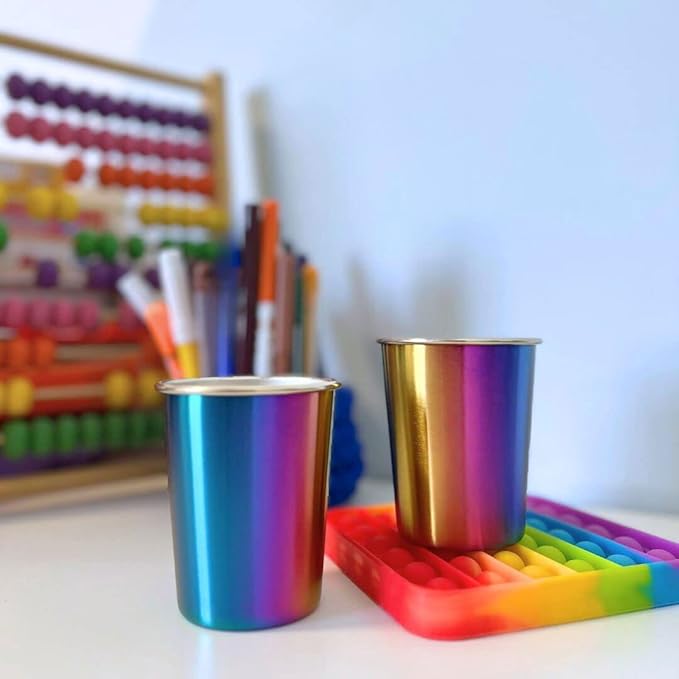 Stainless Steel Kids Cups 8 oz - Stainless Steel Small Children Cups for Home & Outdoor Activities, BPA Free Unbreakable Premium Stackable Metal Drinking Glasses (4-Pack) - Rainbow Colorful Finish