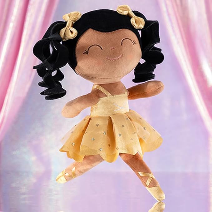 Gloveleya Baby Dolls Soft Snuggly Curly Hair Ballerina Doll First Baby Girl Gifts Plush Tanned Ballet Doll with Lace Mesh Dress Golden Ballerina Series