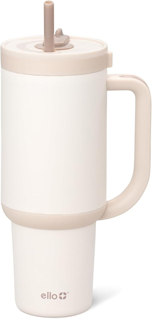Ello Oasis 30 oz Tumbler with Handle & Retracting Straw | Reusable Insulated Stainless Steel Cup 100% Leakproof, Gifts for Teens Women Men | Keeps cold for 24 Hours, Cup Holder Friendly, Cream Tonal