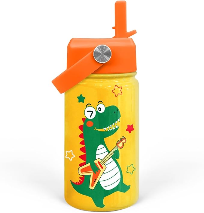 Dinosaurs Water Bottle - Dino Kids Water Bottle with Straw Lid - 12 Oz Insulated Stainless Steel Water Bottles for Kid Boys - Travel Cup for School Sports
