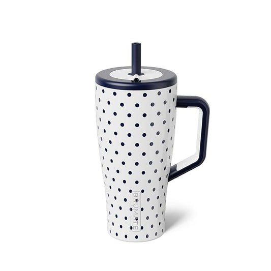 BrüMate Era 30 oz Tumbler with Handle & Straw | 100% Leakproof Insulated Water Bottle Tumbler with Lid & Flexible SoftSip Straw | Made of Stainless Steel | Cup Holder Friendly 30oz (White Polka Dots)