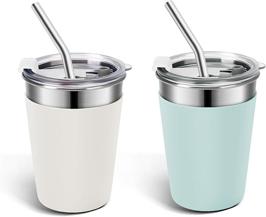 Ymmy Sam 2pcs Stainless Steel Cups with Lid and Straw,12oz Spill-proof Kids Tumblers, with Stainless Steel Straws Unbreakable Metal Cups with Heat-insulated Sleeves for Cold and Hot drinks