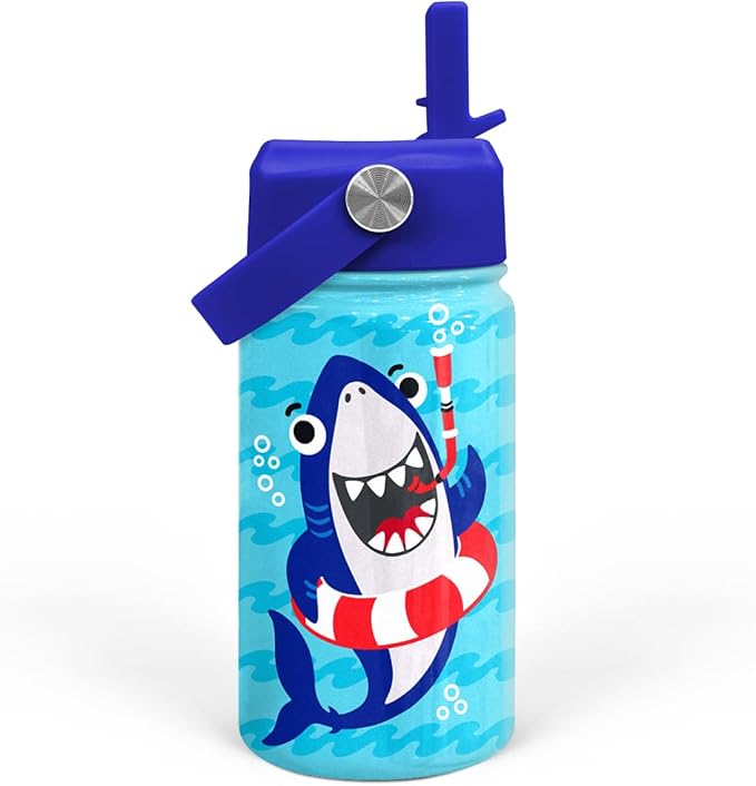 Shark Water Bottle - Kids Water Bottle with Straw Lid - 12 Oz Insulated Stainless Steel Water Bottles for Kid Boys - Travel Cup for School Sports