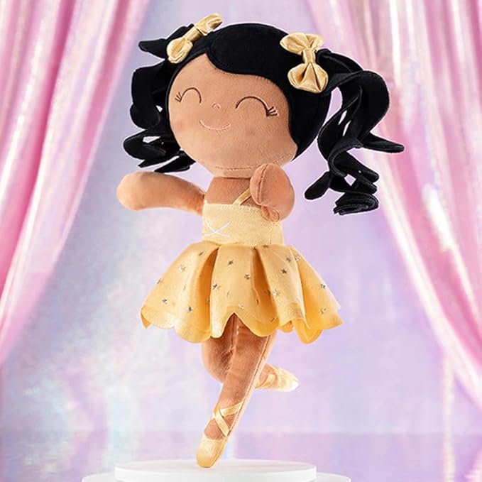 Gloveleya Baby Dolls Soft Snuggly Curly Hair Ballerina Doll First Baby Girl Gifts Plush Tanned Ballet Doll with Lace Mesh Dress Golden Ballerina Series