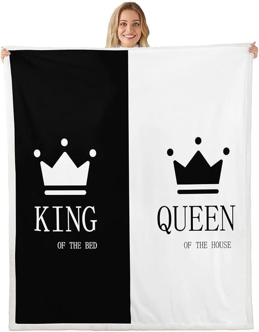 Crown Queen and King Plush Blanket His and Hers Matching Couple Sherpa Blanket Lover Romantic Valentine's Day Presents Fleece Throw Blanket Black and White Fuzzy Blanket Room Decor Baby 30x40 Inch