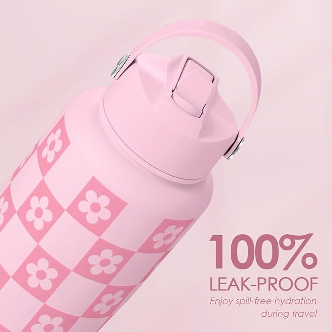Checker Daisy Water Bottle 32oz Stainless Steel with Lid & Straw, Checkerboard Insulated Bottles Gifts for Women Girls Friends, Gift Idea for Birthday Christmas