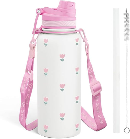 Tulip Stainless Steel Water Bottle with Strap 32oz, Insulated Bottles with Straw and Spout Lid for Gym Sports Travel Outdoor, Gifts for Women Girls Birthday Christmas