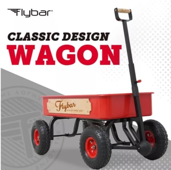 Flybar Classic Wagon for Kids, Toddler - Quad Steering System, Easy Assembly, Adjustable, Folding Handle, Rust Resistance, Durable 10 inch Air-Filled Tires, Extra Deep Beach Cart, Up to 165 lbs,3+ Red