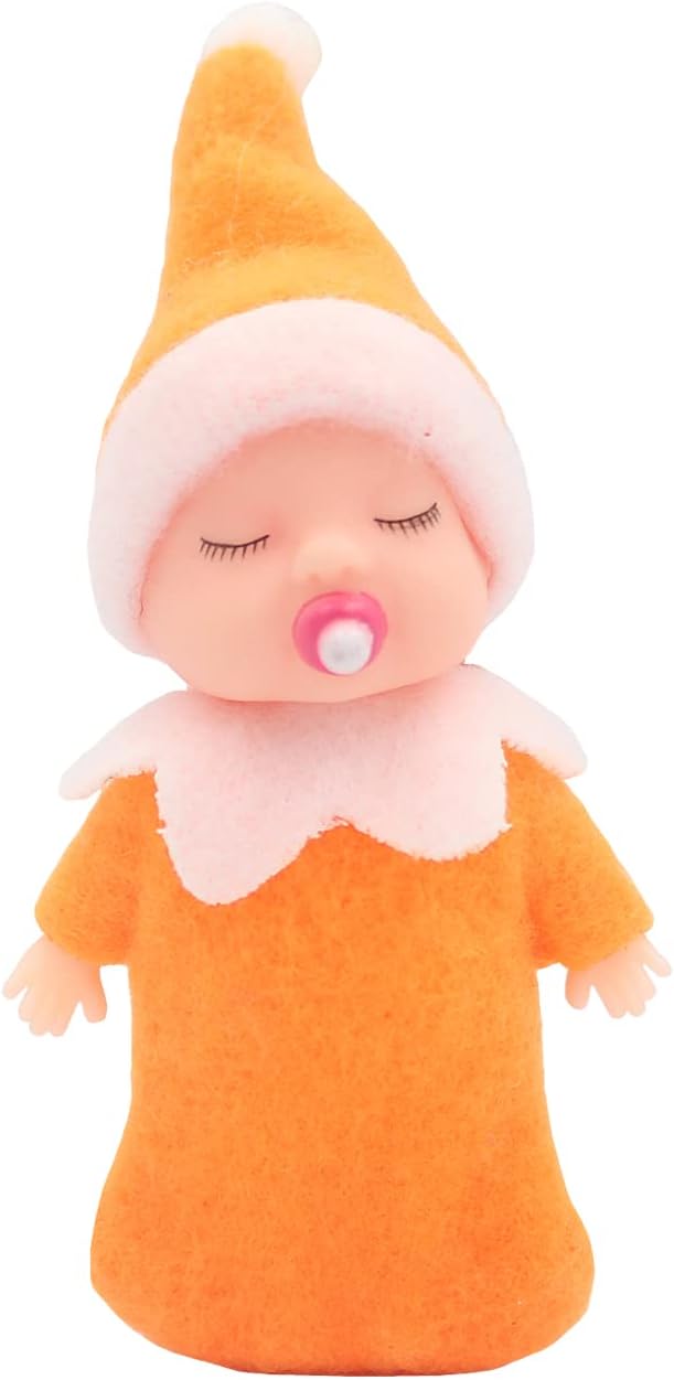 WULEEUPER Sleeping Elf Doll with Pacifier | Christmas Miniature Elf Doll Toys | New Year Holiday Decoration Party Gift (Orange)