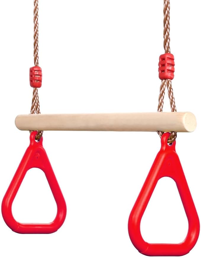 PELLOR Playground Children's Wooden Trapeze Swing Bar with Plastic Gym Rings Swing Set for Indoor & Outdoor Fun