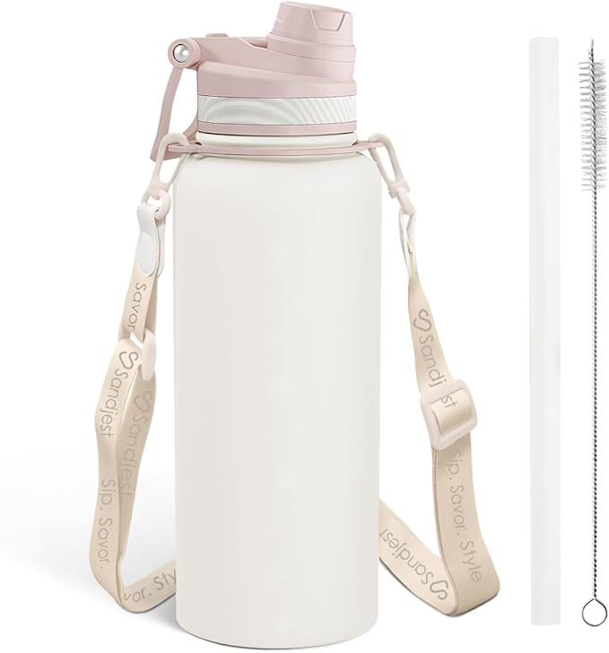 SANDJEST Stainless Steel Water Bottle with Strap 32oz, Insulated Bottles with Straw and Spout Lid for Gym Sports Travel Outdoor, Gifts for Women Girls Birthday Christmas (White)