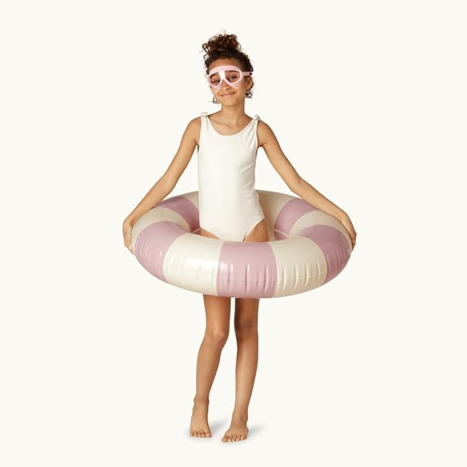 Petites-Pommes Beach Floats for Kids - Durable Swim Ring, Handprinted Classic Striped Design Pool Inner Tubes, Soft Comfort Seaming, Packable Floats for Travel, Baby Pink, 35 inch