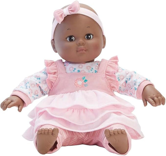 Madame Alexander 14-Inch Baby Cuddles Doll with Bottle, Pink Floral, Dark Skin Tone