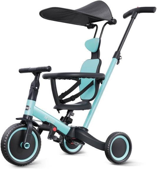 newyoo Tricycle for Toddlers 1-3, Toddler Bike, Birthday Gift and Toys for Girl and Boy, Push Trike with Handle and Canopy, 6 in 1 Baby Trike, Balance Bike, TR009, Blue