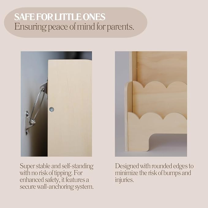 CAALMA Premium Scalloped Bookshelf for Nursery & Kids Bedroom - 29.5x27.5 in - 3-Tier Wooden Montessori Bookshelf - Kids Bookcase for Nursery, Playroom or Classroom, Minimalist Toddler Book Shelf